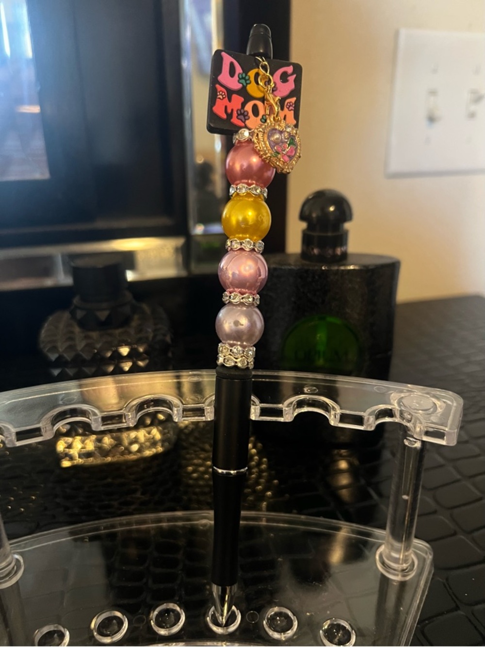 Beaded Pink & Yellow Decorative Ballpoint Pen with Heart Charm